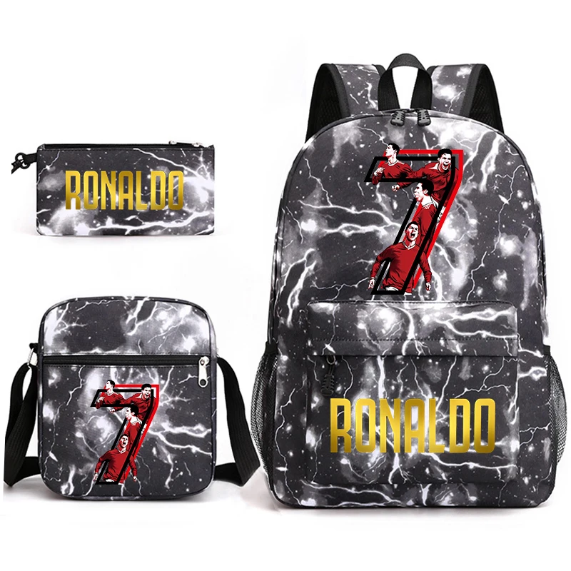 Ronaldo print student schoolbag 3-piece set youth backpack pencil case shoulder bag set