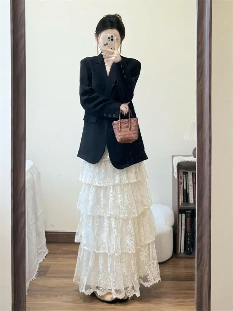 Elegant Lace Splicing Half Skirt Women's Spring 2026 New Gentle Personality Fluffy Cake Long Skirt High Waist A-Line Skirt