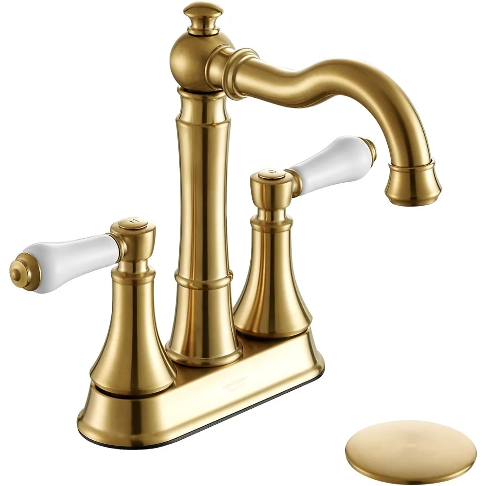 porcelain-2-handle-brushed-gold-4-inch-centerset-bathroom-faucet-3-hole-high-arc-brass-360°-swivel-spout-plastic-pop-up-drain