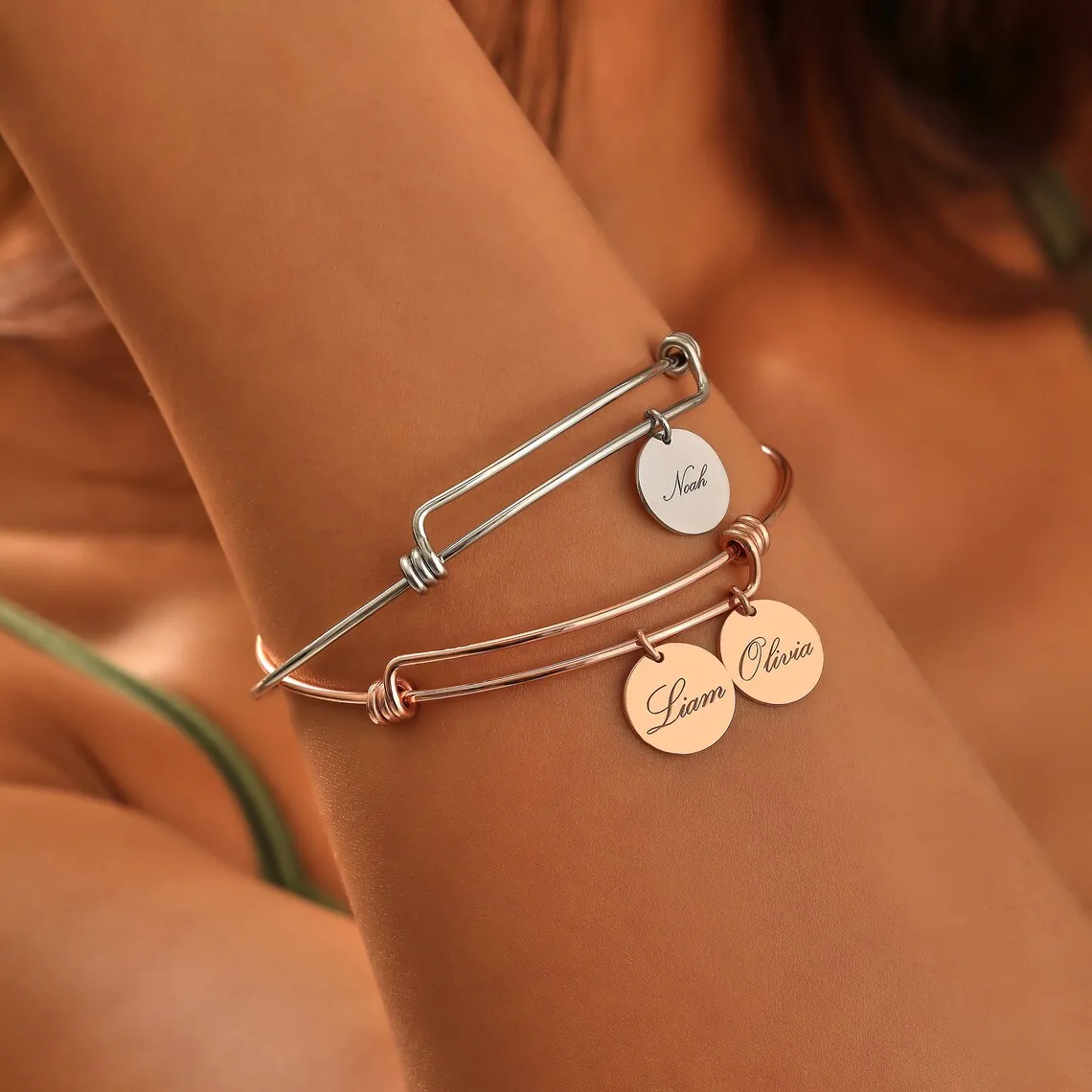 Pulsera personalizada con disco grabado para mujer, brazaletes ajustables de acero inoxidable, regalo de joyería para mamá, 1-6 nombres