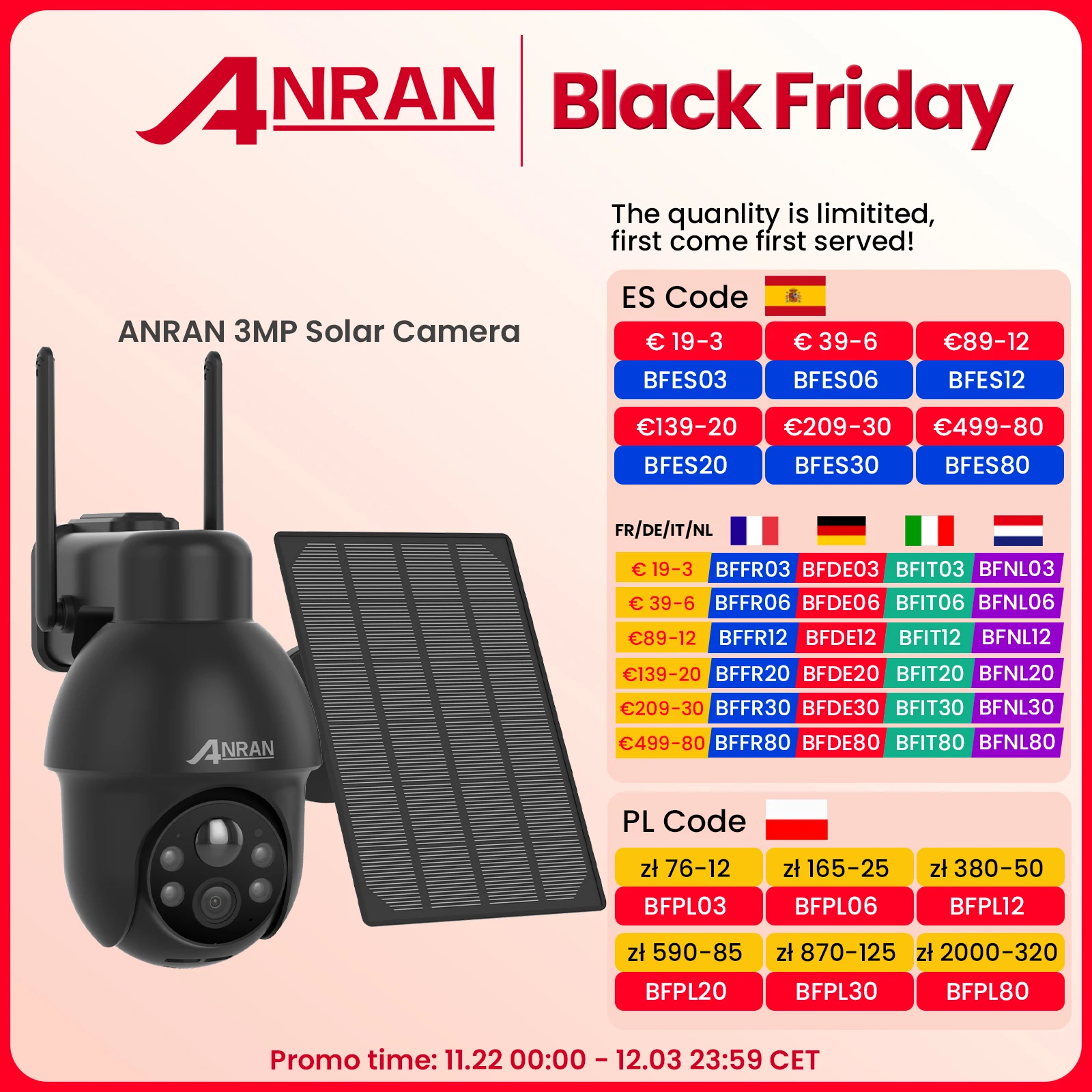 ANRAN 2K Outdoor Surveillance Camera 2.4G Wireless WiFi Solar Battery Camera 3MP Spotlight PIR Motion Detect Alexa-Compatible