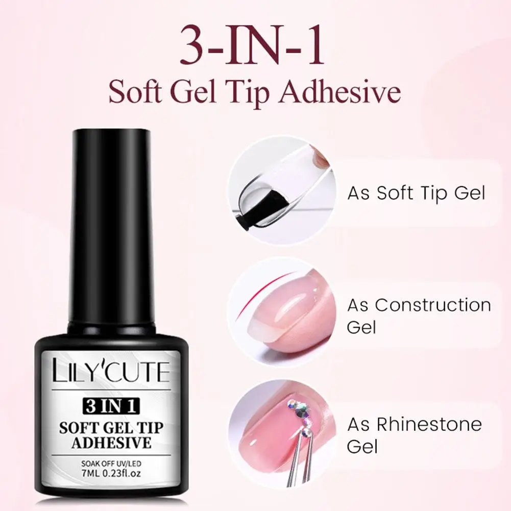 LILYCUTE 7 ml 3 IN 1 transparenter, weicher Gelspitzen-Klebstoff, Verlängerungsfunktion, Kleber, Nagellack, zum Aufdrücken falscher Nägel, langlebige Maniküre