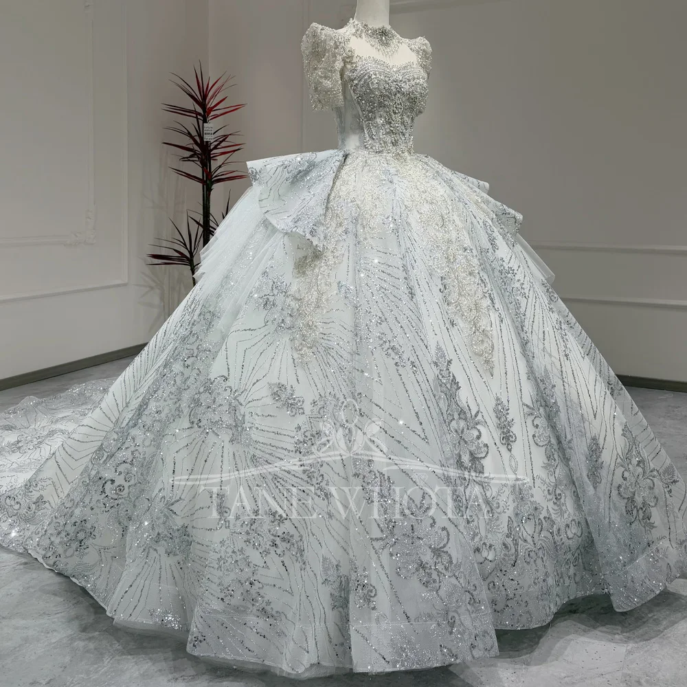 

Customizable Turtle Wedding Dress Crystal Sequined Half Sleeve Lace-Up Keyhole Back Bridal Gown