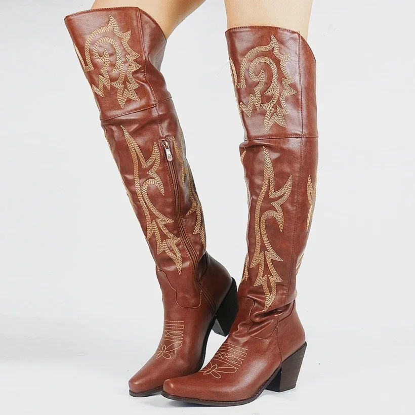 FEMALEAN 2023 High Long Over The Knee Pointed Toe Spring Western Cowboy Country Texana Boots Women Shoes On Offer