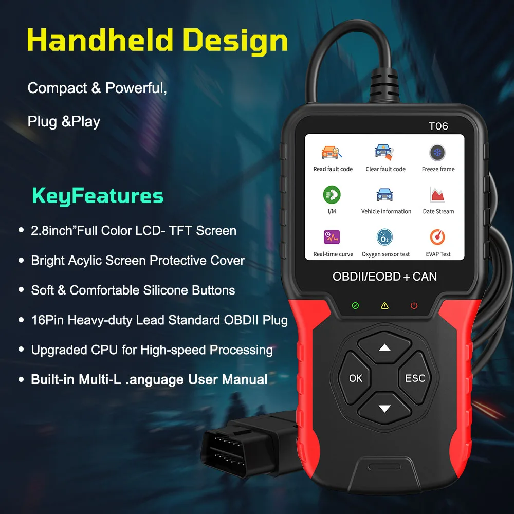 متعدد اللغات دعم جهاز اختبار بطارية obd2 الماسح الضوئي أداة تشخيص السيارة فحص نظام المحرك رمز القارئ T06 اكسسوارات السيارات #5