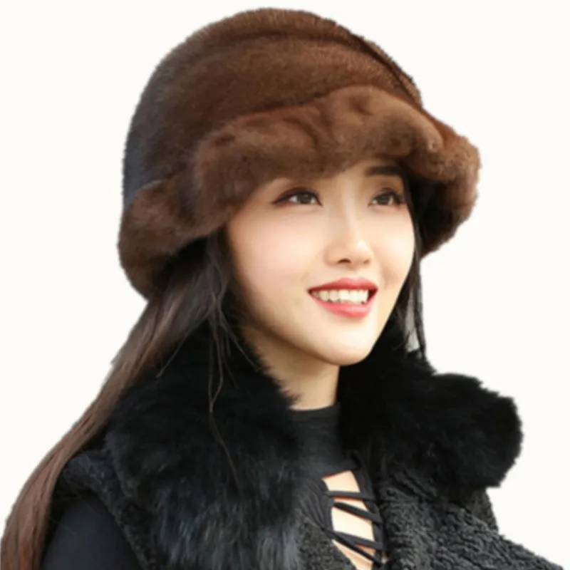 Warm real fur leather top hat for women cotton large floral