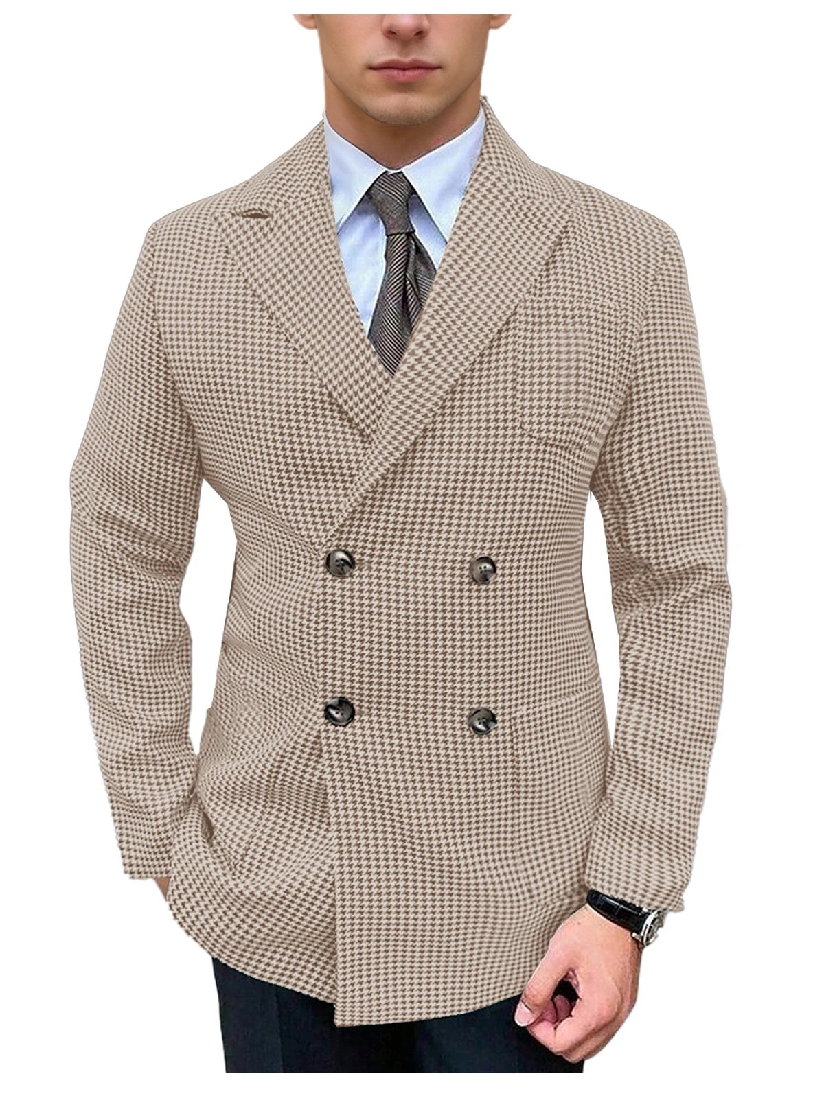 

British Style Grid Men Suits Double Breasted Slim Fit Blazer Houndstooth Slim Fit Suit Jacket Formal Business Wedding Dress