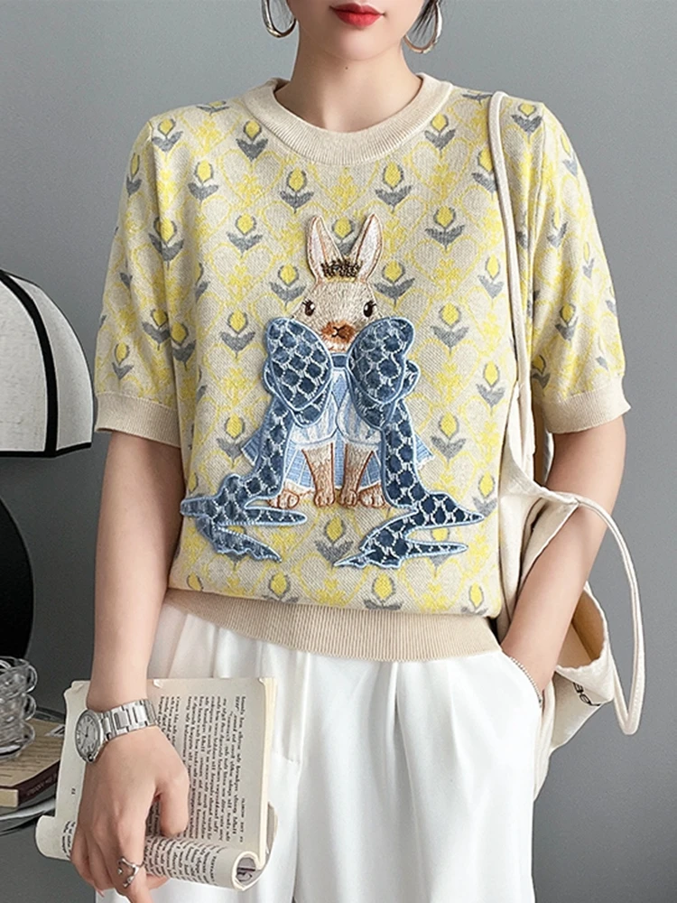 Cartoon Embroidered Knit Sweater Tshirt Women Tees Tops 2023 Summer Stylish Fashion Vintage Ladies Knitwear Half Sleeve Jumpers