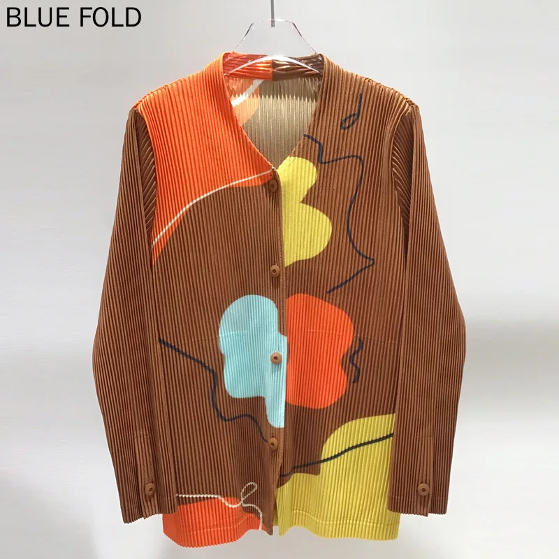 Miyake Printed Long-sleeved Jacket for Men, Pleated Tops, Loose, New, Spring and Autumn