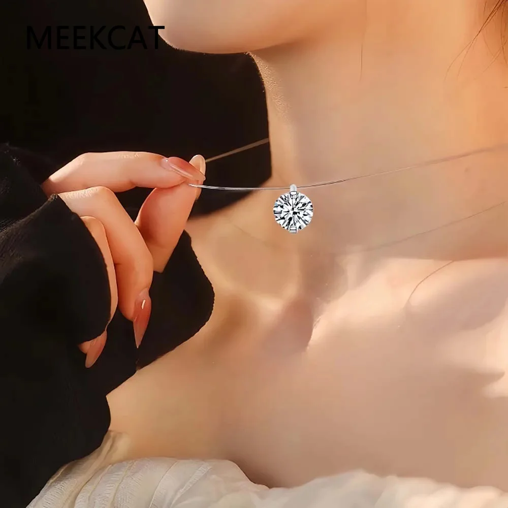 0.5-5CT Moissanite Pendant Necklace for Women 925 Sterling Silver Transparent Fishing Line Choker Chain Party Jewelry Colar
