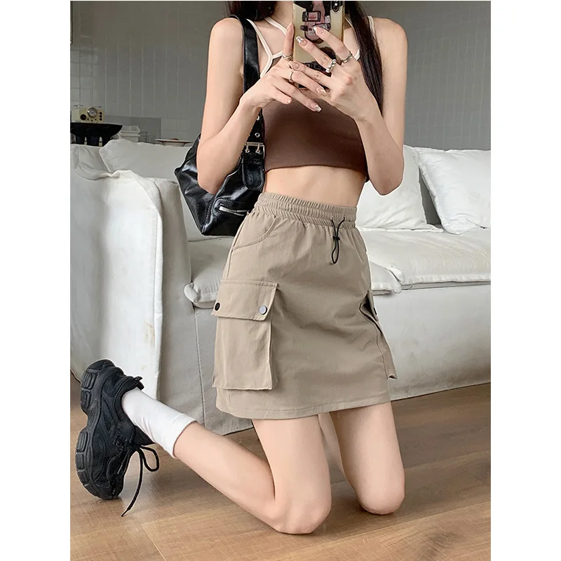 Drawstring Skirt Women's Casual Skirt Niche Slimming Gray Elastic Waist Skirt