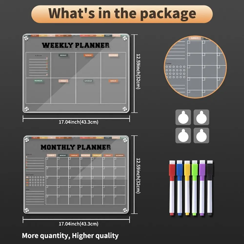 Calendário acrílico magnético reutilizável, acessórios duráveis, fácil apagamento, planejador semanal, Universal