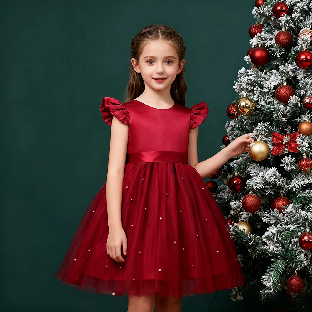 

Fashion Girl Mesh Wedding Dress Red Christmas New Year Dress For Girls Party Dresses Bowknot Kids Birthday Dress Children's Clot