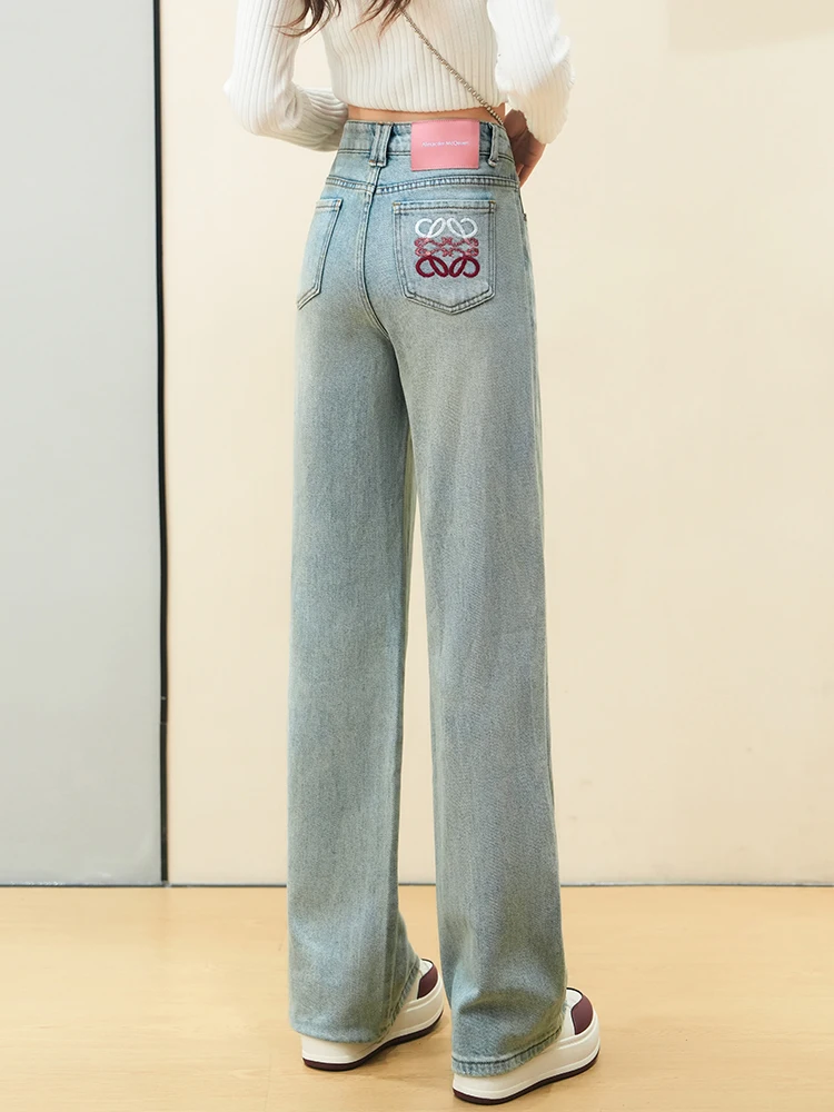 

Джинсы с высокой талией и широкими штанинами, с вышивкой, женские, приталенные, прямого кроя, весна-осень, новый стиль, корейский стиль, повседневные, хлопковые