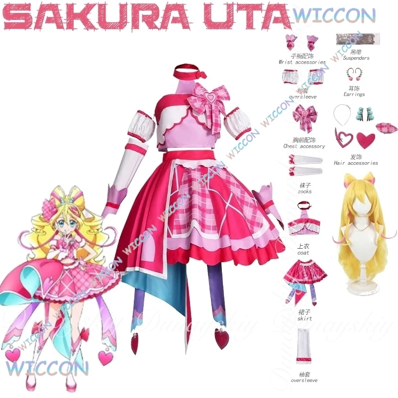 جميلة علاج أنيمي ساكورا أوتا تأثيري فتاة حية مبهجة مع شقراء طويلة شعر مستعار مجعد فستان وردي تأثيري حلي البدلة الكاملة