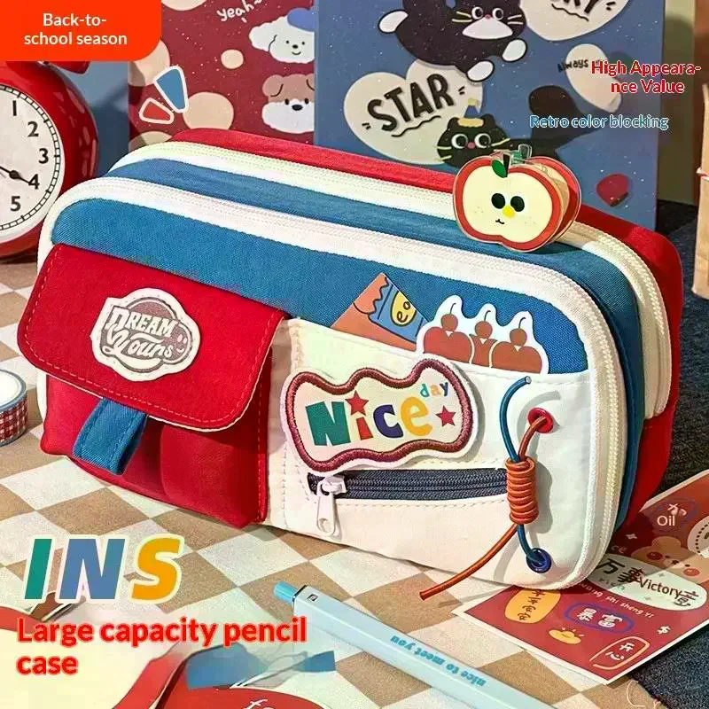 Classic American Pencil Case Retro High Aesthetic Pencil Case Large Capacity Multiple Patterns Stationery Box For Students New