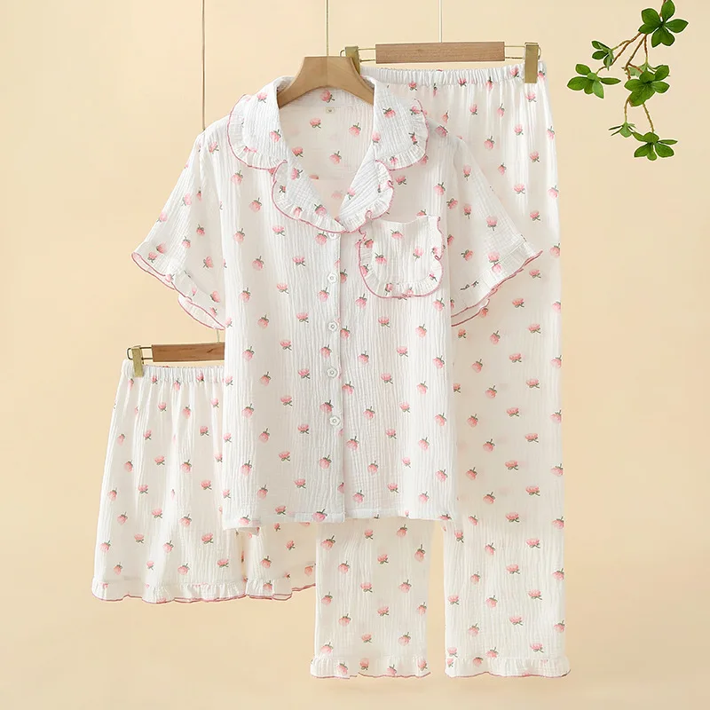 Vêtements de nuit pour femmes, ensemble trois pièces en pur coton, tissu fin, manches courtes, pantalons longs, Shorts, vêtements de maison, printemps et été