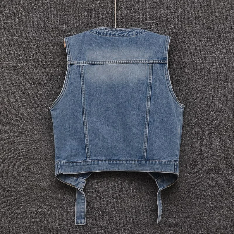 Vintage Blue V-Neck Denim Vests Women Single-Breasted Summer Jean Sleeveless Short Jacket Basic Waistcoat Wash Chaleco Mujer Top