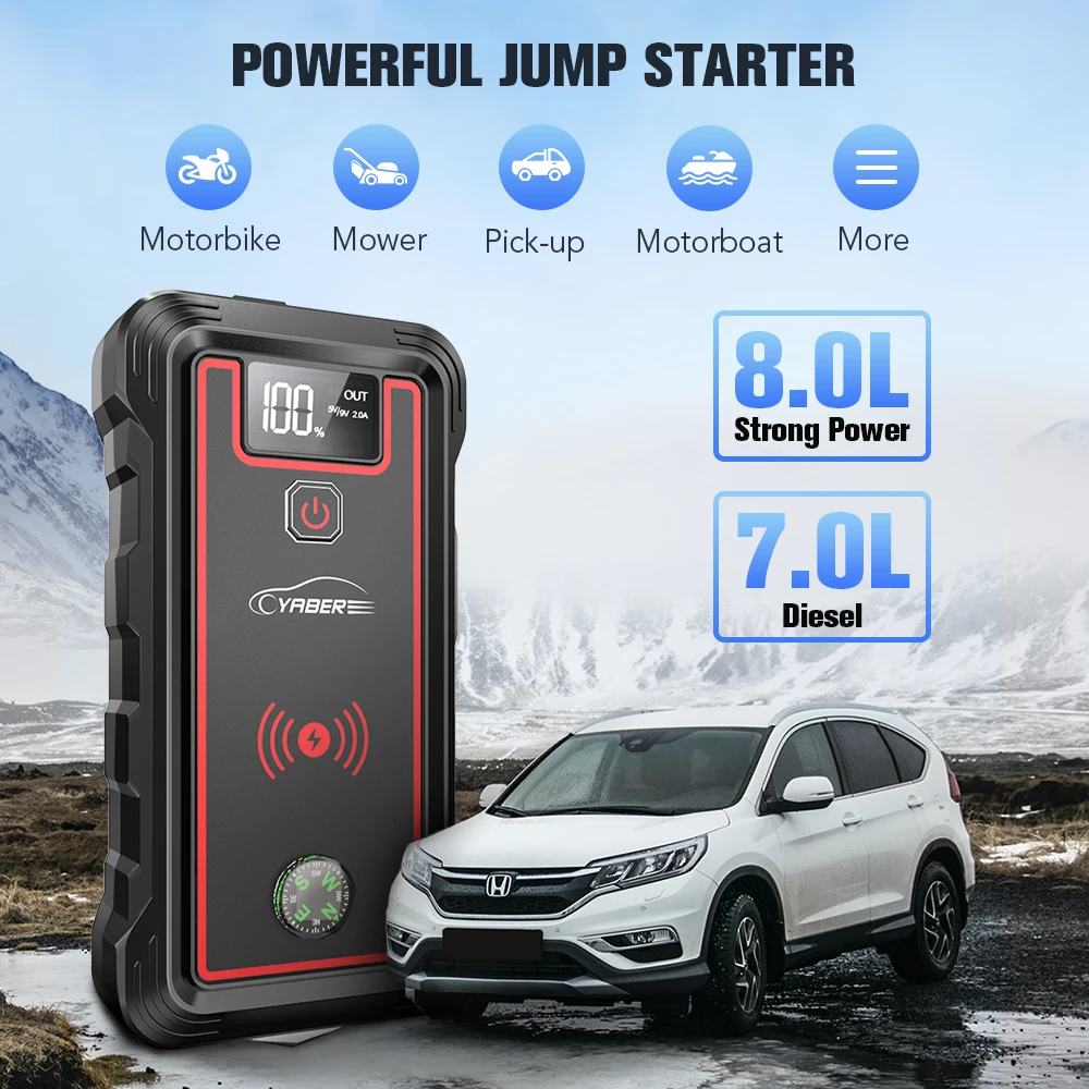 YABER Car Battery Charger 2500A Jump Starter 23800mAh Power Bank With 10W Wireless Charger Portable Auto Booster Starting Device