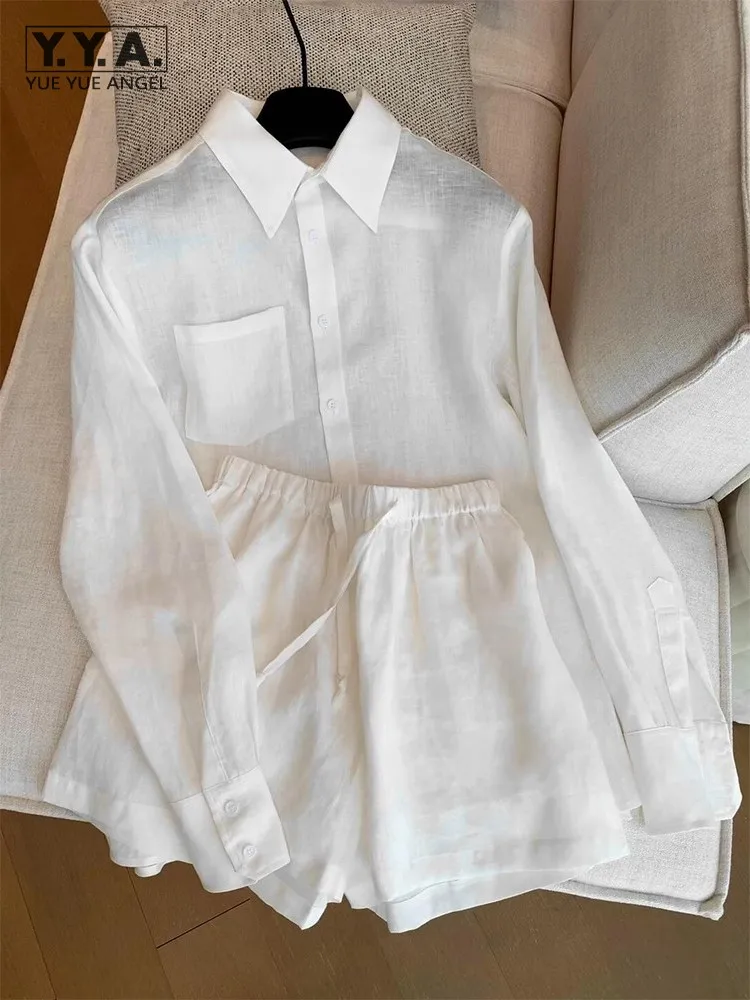 

Женский летний тонкий повседневный комплект: рубашка с отложным воротником на одной пуговице с длинным рукавом и прямые шорты выше колена (комплект из двух предметов)