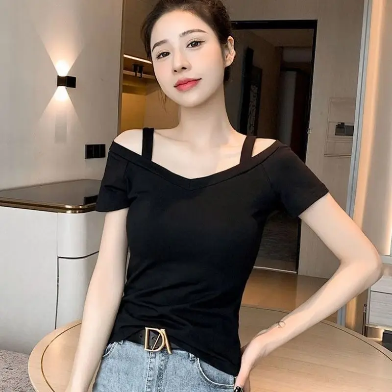 Women Summer Simplicity Slim Office Lady Solid Color Off Shoulder Short Sleeve T-Shirt Women Clothes Casual All-match Trend Tops