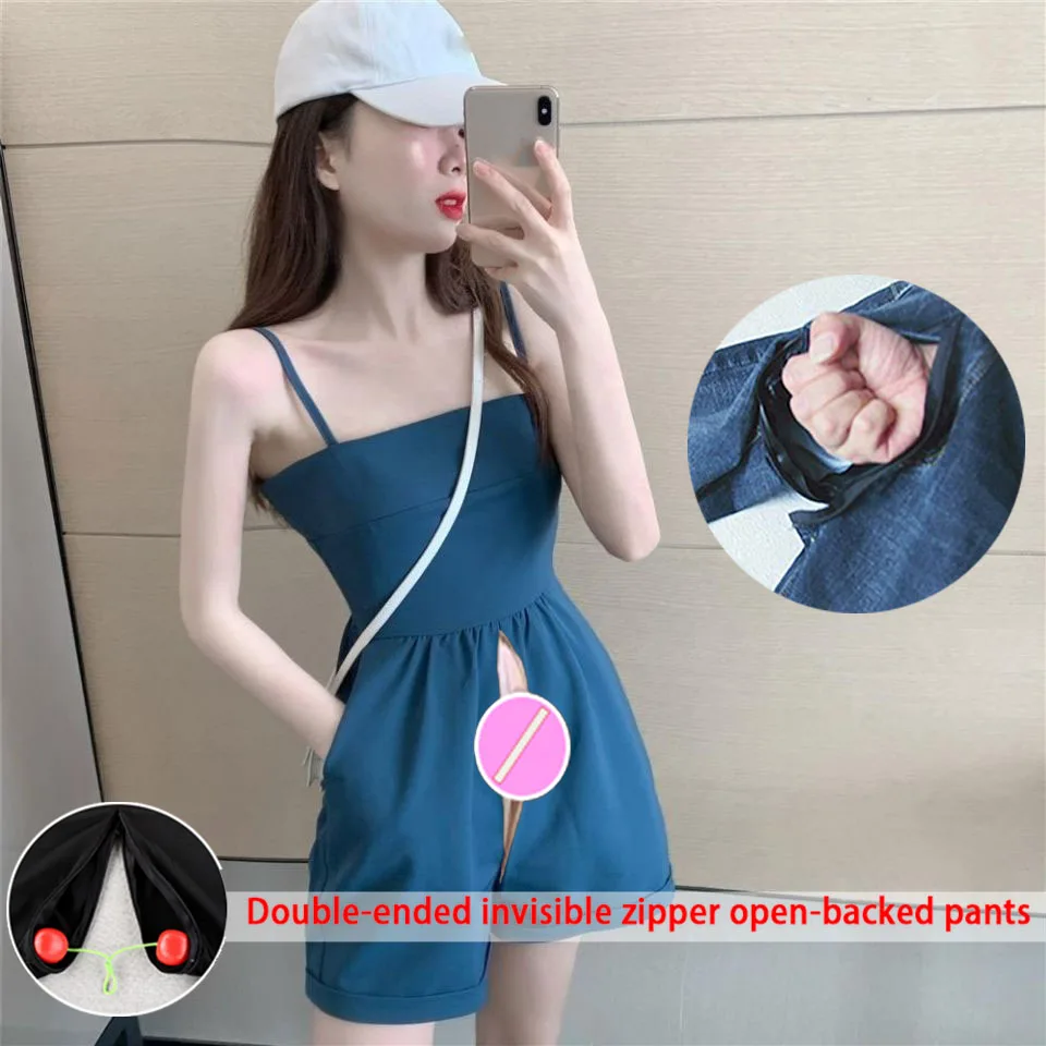 

2022 Suspender One-piece Stealth Open Fork Pants Women's Summer Thin High Waist Straight Tube Loose Casual Short Jumpsuits Women