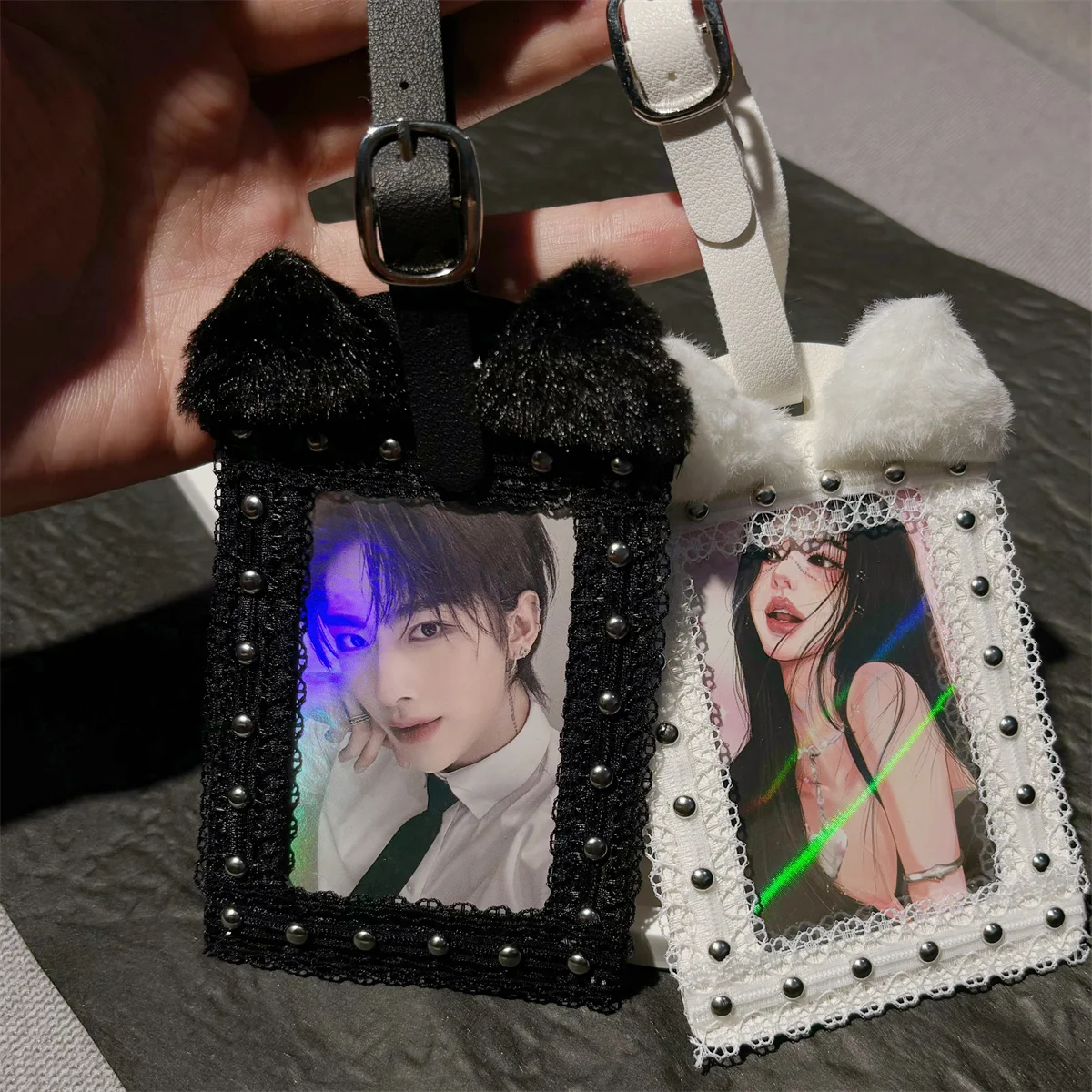 Plush Cat Ear Studded PU Card Holder Cute Simple Protective Card Holder with Keychain   Lanyard ID Card Photo Postcard Holder