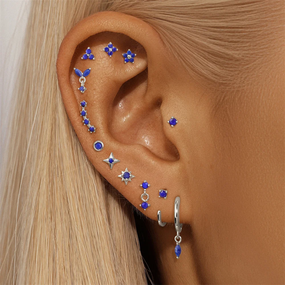 CANNER 1PC 925 Sterling Silver Horse Eye Lazurite Flat Head Thread Piercing Stud Earring For Women Butterfly Flowers Earring New - view 5