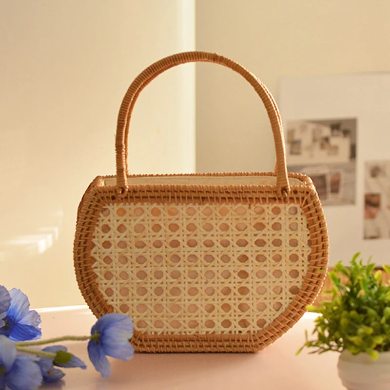 2027 AhunderJiaz Handwoven Rattan Picnic Basket -Boho Beach Tote for Outing Storage,Natural Wicker Carry All Bag Vintage Garden
