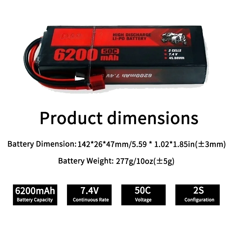 

Литий-полимерный аккумулятор 7.4V 2S 6200mAh 50C с высокой скоростью разряда для профессиональных моделей радиоуправляемых гоночных автомобилей, для модернизации и замены