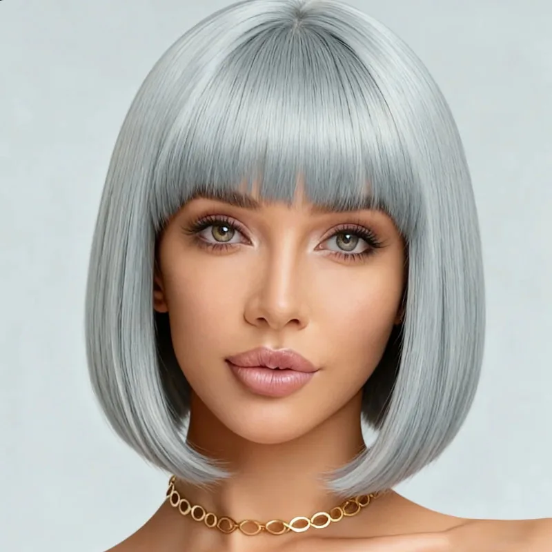 

Женский синтетический парик серебристо-серый 12-дюймовый элегантный стиль, подходящий для повседневных вечеринок и праздников.