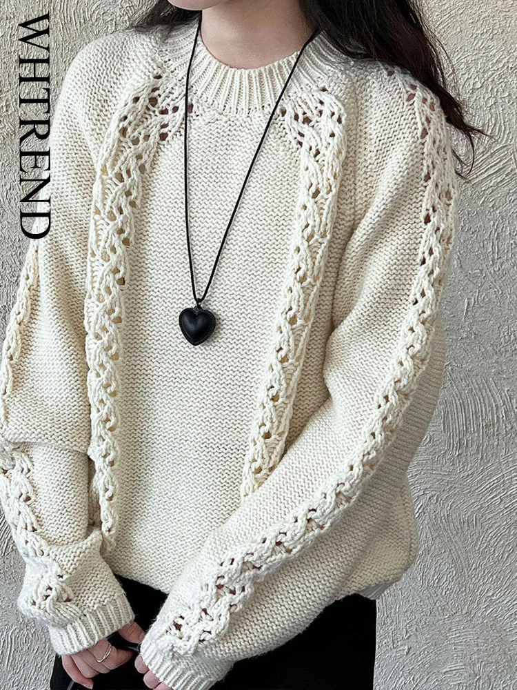 

WHTREND Korean Style Hollow Out Hooded Pullover Sweater For Women Soft Wool Thick Knitted Sweater Autumn Winter New WH2067