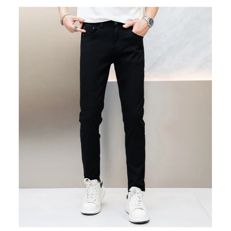 Pure black fashion business all-match jeans men's Stretch Slim fit summer thin and soft breathable skinny pants