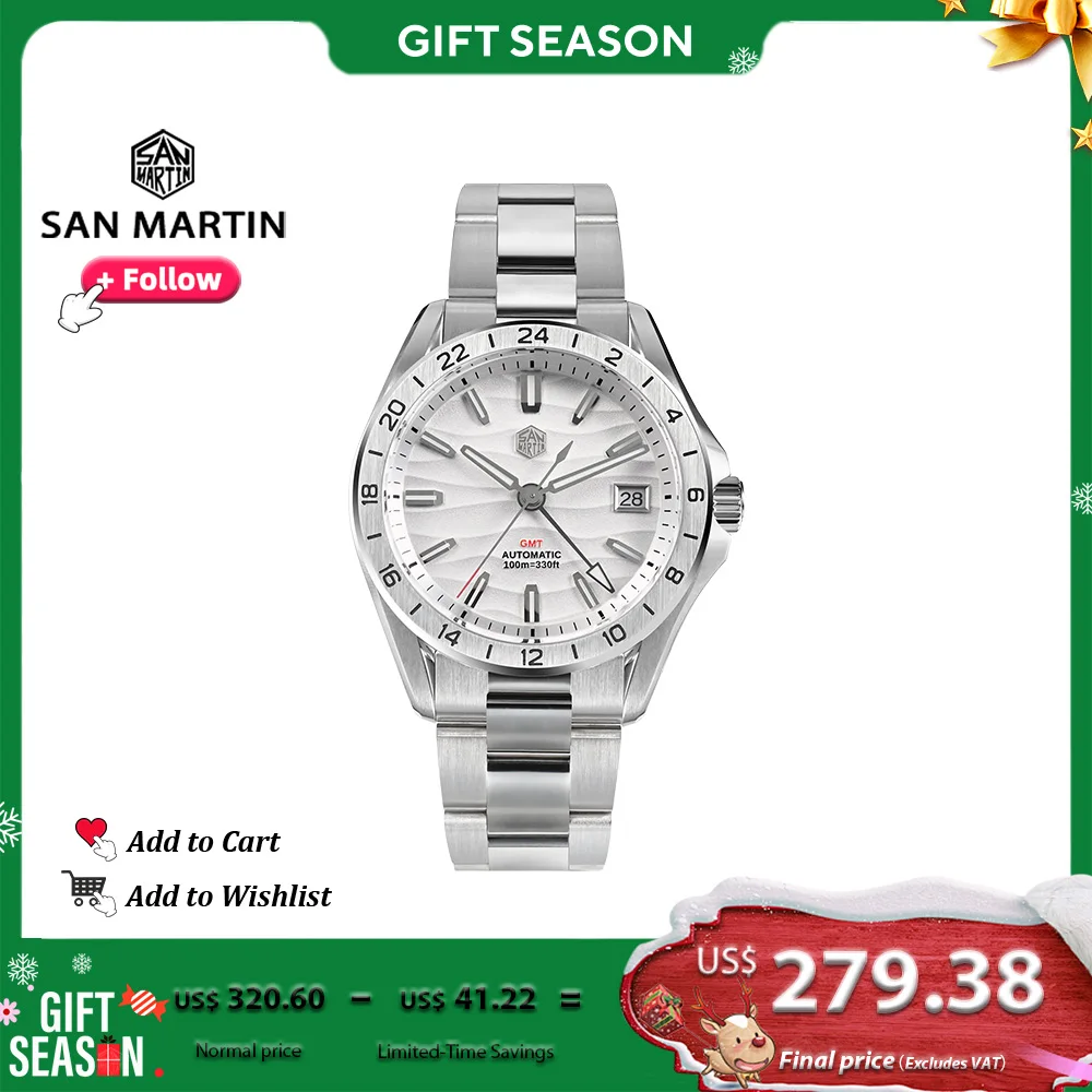 San Martin Design 39mm GMT Men Watch Luxury Business Dress NH34 Mechanical Stainless Steel Wristwatch Date Sapphire 10Bar SN0129