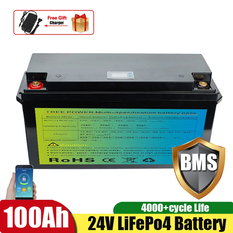 

Встроенный литиево-Железный аккумулятор BMS 24 в 100 Ач Lifepo4, Bluetooth 24 В, аккумуляторные батареи для лодочного мотора RV + зарядное устройство 10 А