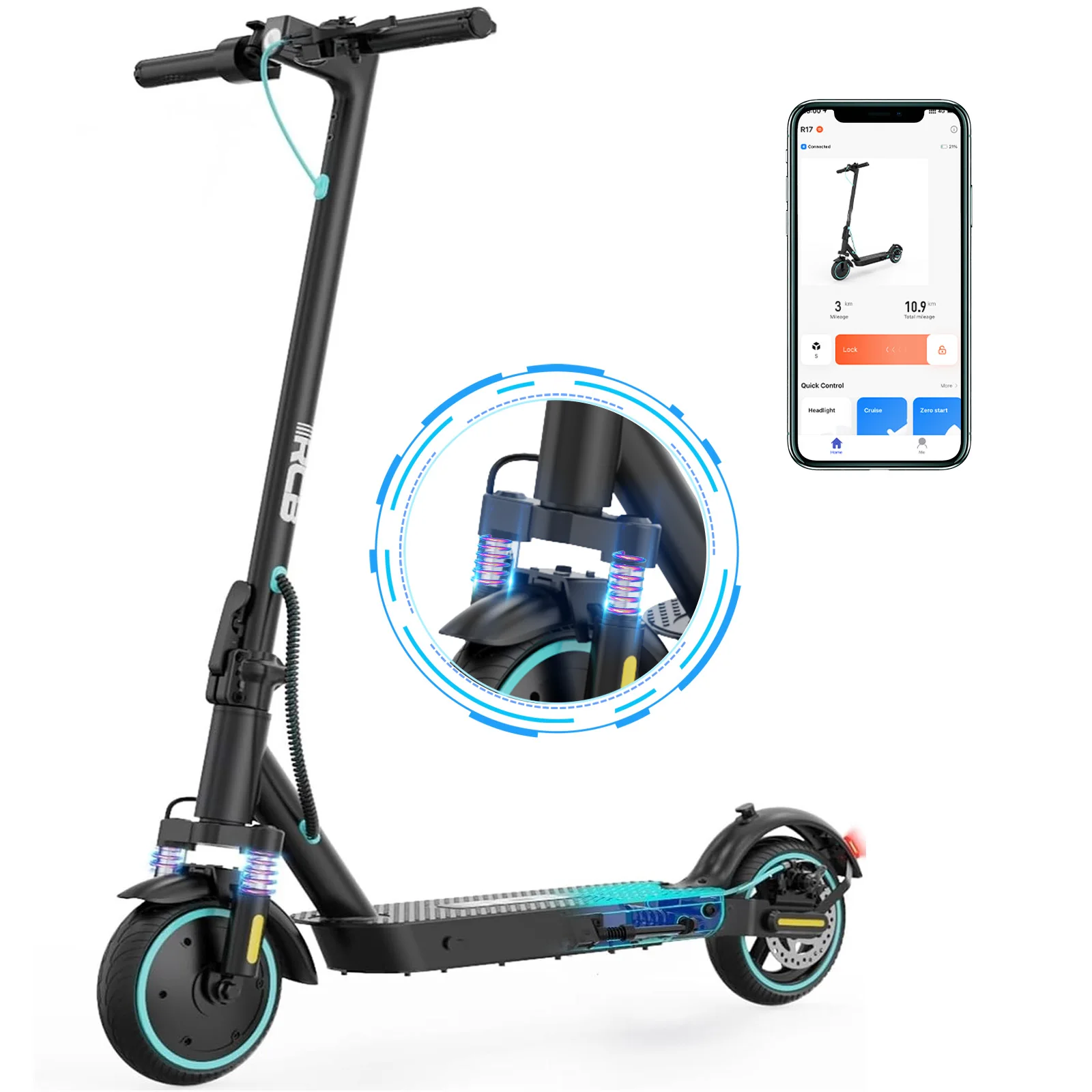 CB R17 Patinete Eléctrico Plegable VMP para Adultos Ligero 36V 7.8Ah 300W 25 km/h Autonomía 30 km App Bluetooth Frenos de Disco