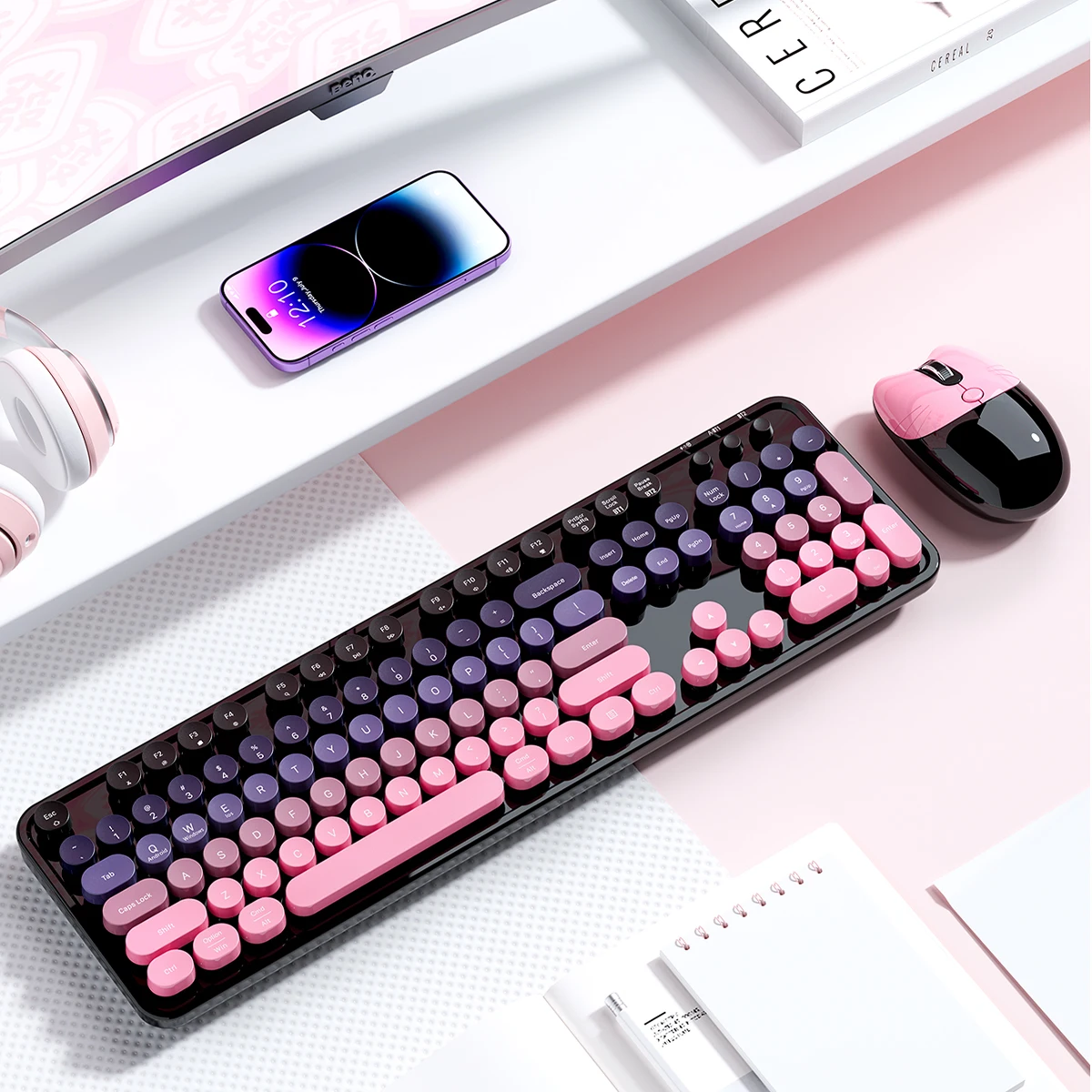 MOFii Sweet Wireless Bluetooth Dual Mode Rechargeable Keyboard Mouse Combo, Gradient Retro Round Keycaps, US QWERTY Layout