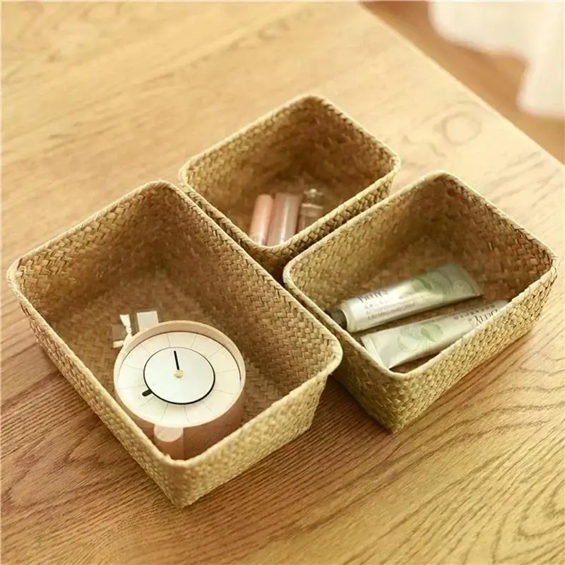 Handmade Woven Organizers Seaweed Storage Basket Desktop Straw Rattan Box Multipurpose Fruit Cosmetic Sundries Storage Container