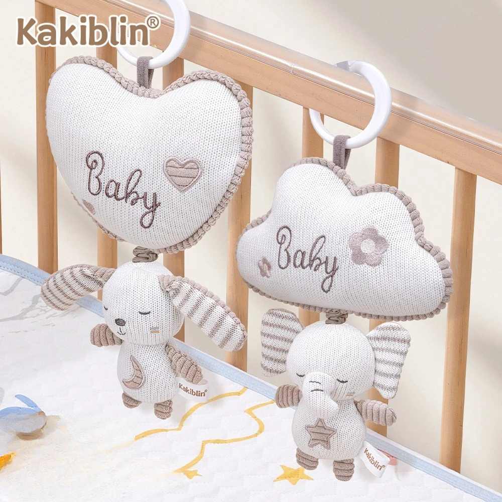 Boneca de coelho fofa com caixa de música, arte de tricô para berço, berços, chocalho de bebê para carrinho de bebê, brinquedo de chocalho de coelho pendurado
