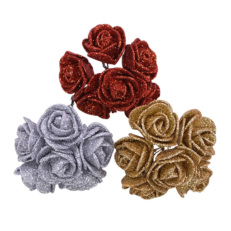 High Quality 36/72Pcs 3.5cm Glitter Gold Silver Red Artificial Flowers Fake Rose For Wedding Birthday Party Decoration DIY Craft