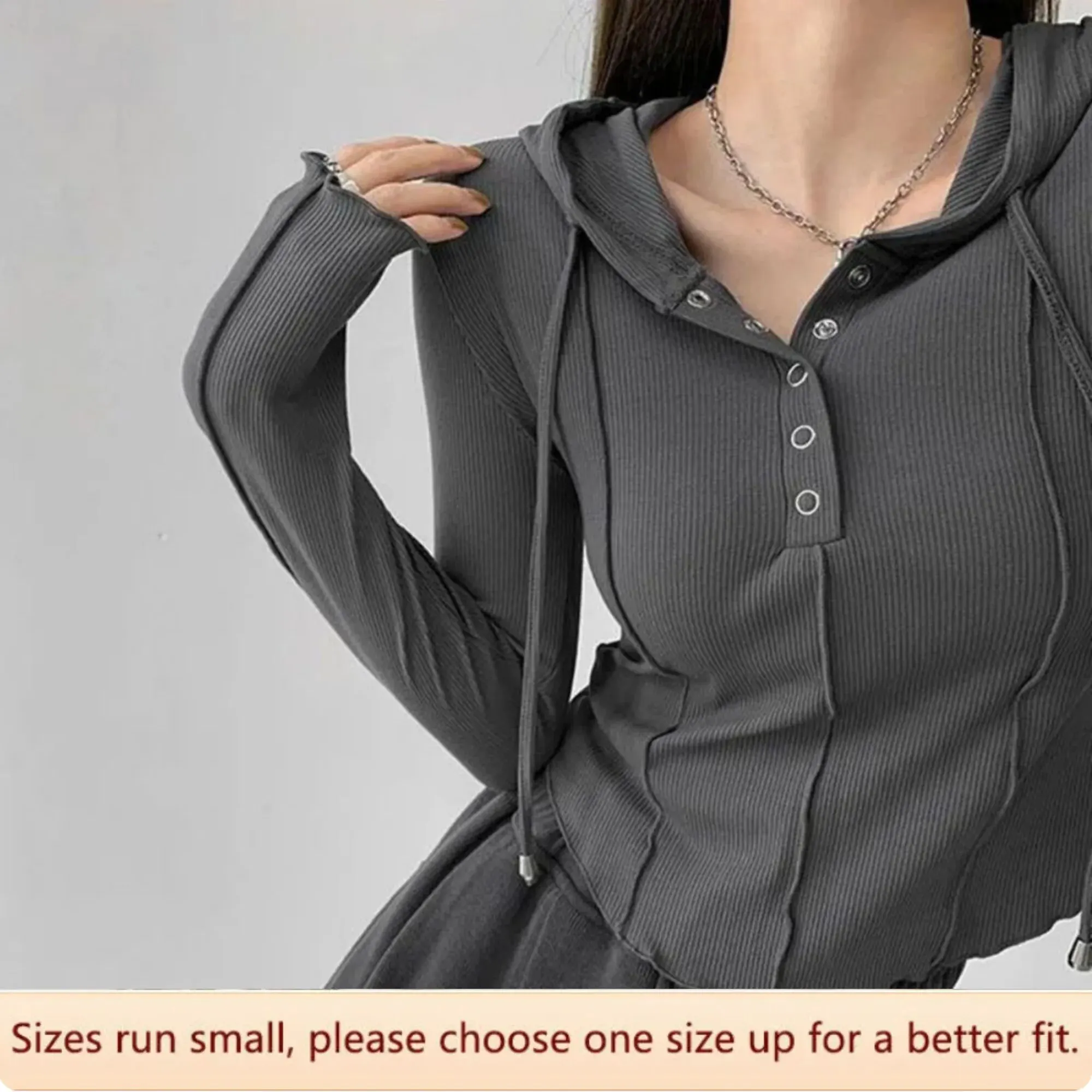 Rimocy Hooded Button Up Crop Top Women Biyaby Button Up Women Autumn Winter Slim Fit Long Sleeve Y2K Top Streetwear Wild Elastic