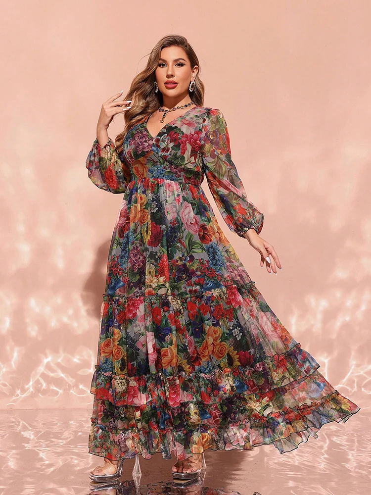 Toleen 2024 Nieuwe Lente Zomer Casual Elegante Formele Partij Maxi Jurken Plus Size Vrouwen Gebreide Bloemenprint V-Hals Lantaarn Mouw Jurk