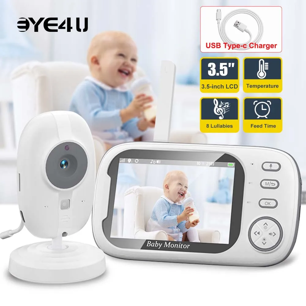 מסך וידאו לתינוק בגודל 3.5 אינץ', ראיית לילה, מצלמת אבטחה 2.4G לאם וילד, שיחת שמע דו כיוונית, מצלמת צילום וידאו עם טמפרטורה