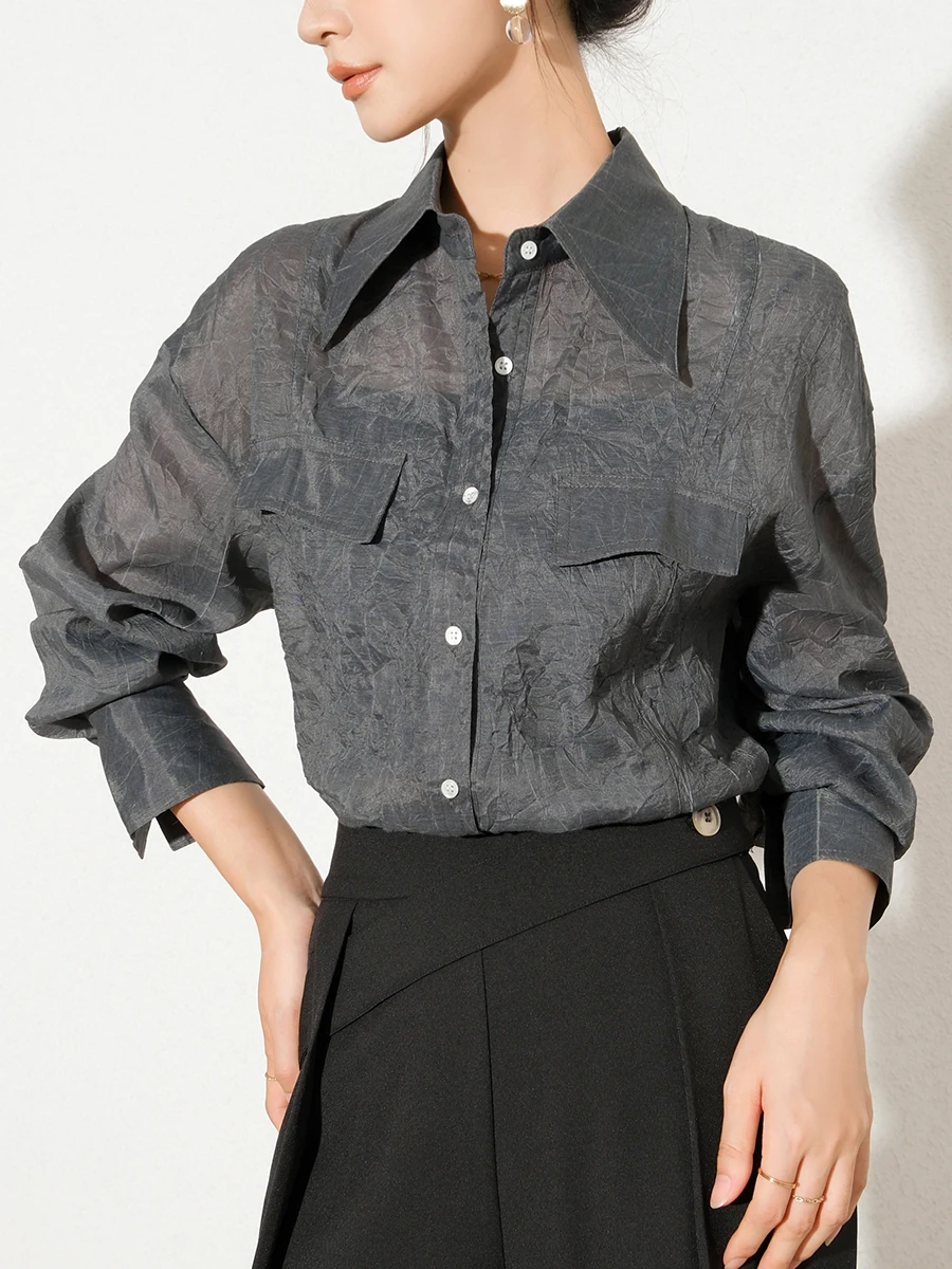 

Женская блузка Ele Sun Protection с микро-прозрачными длинными рукавами и складками, осенняя коллекция, шикарный дизайн, DianThia Polyes