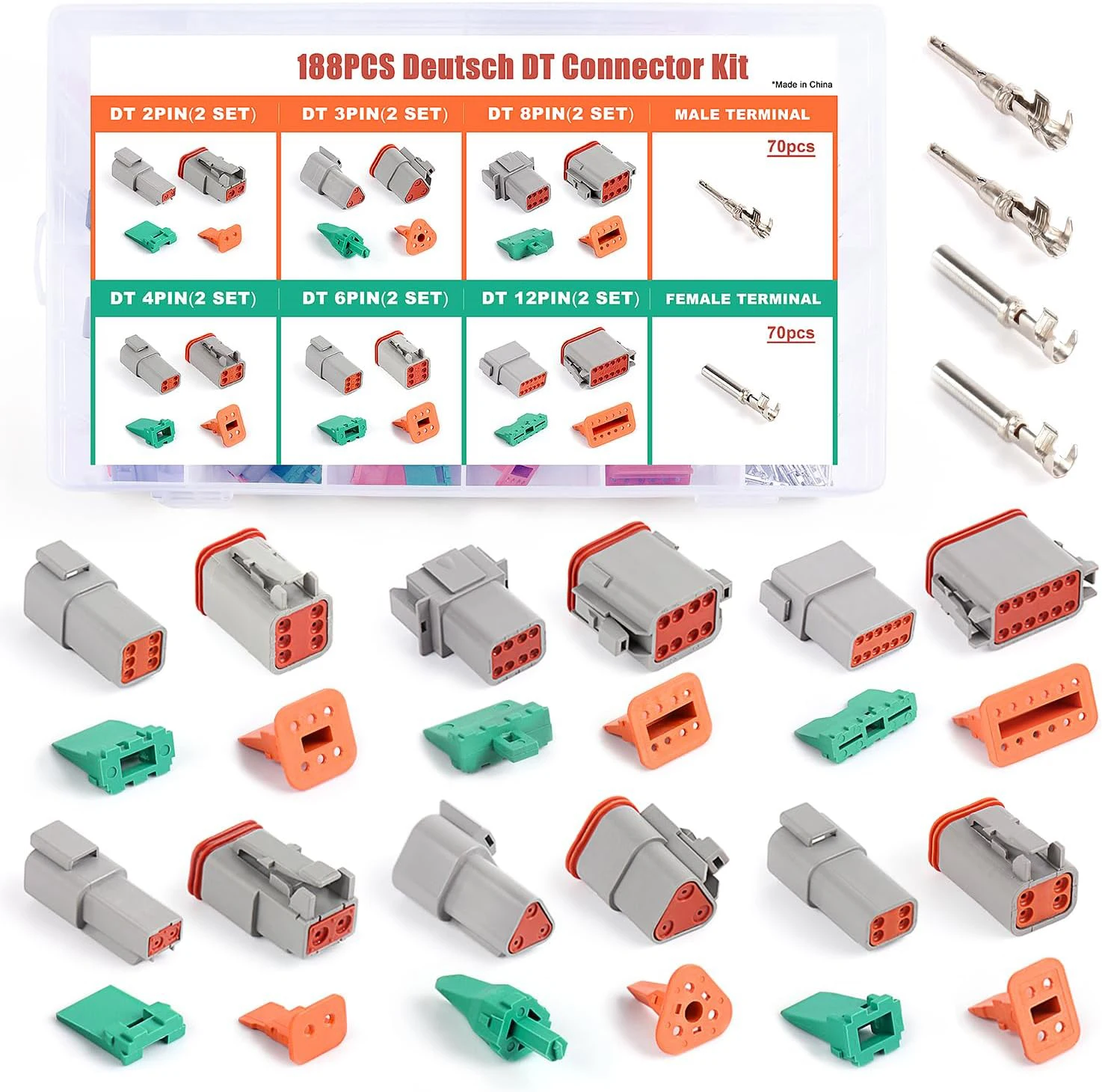 

188Pcs 12 Sets Deutsch DT Connector Kit - 2/3/4/6/8/12 Pin DT Connectors with Size 16 Stamped Contacts, IP68 Waterproof for Auto