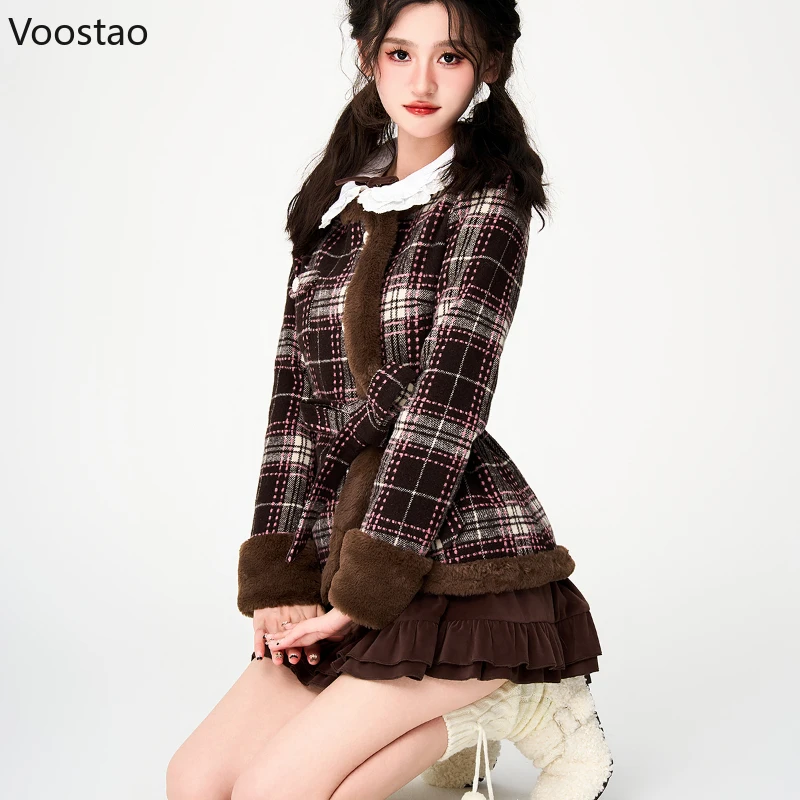 Vintage Y2k 3 Piece Set Autumn Winter Women Sweet White Shirt Plaid Plush Jackets Mini Cake Skirts Suits Female Korean Outfits