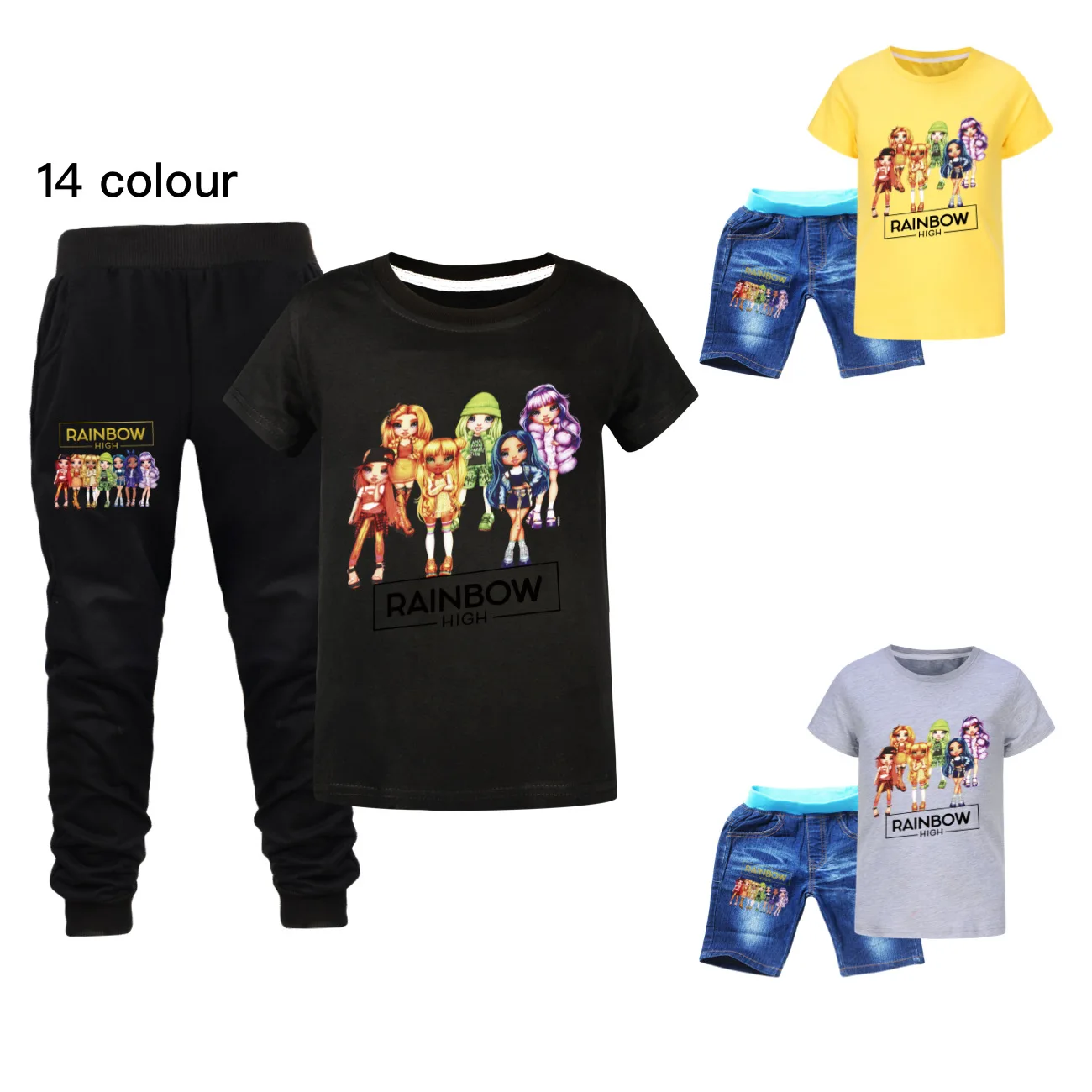 Rainbow High Fashion Children's Pajamas Short-sleeved Tshirt + Trousers Sports Set Kids Pyjamas Pajamas Baby Sleepers Sleepwear