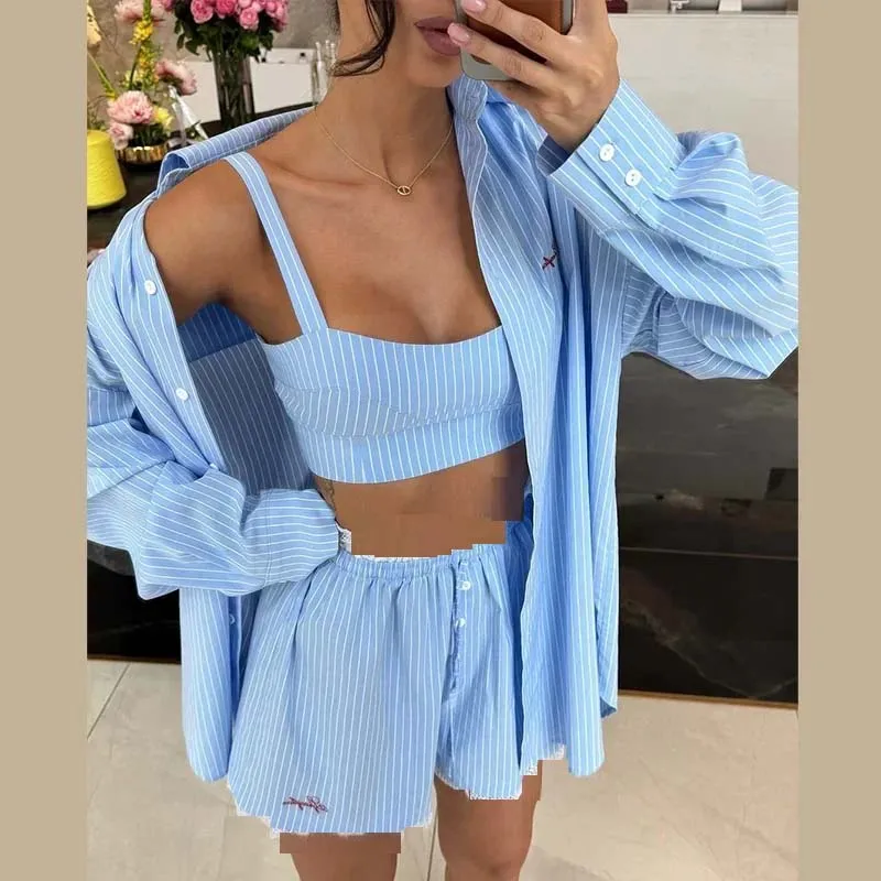 

Lapel Stripe Women Top Set Wide Leg Patchwork Lady Pants Sets 2025 Loose Casual Single Breasted Half Sleeve Female Shirt Suit