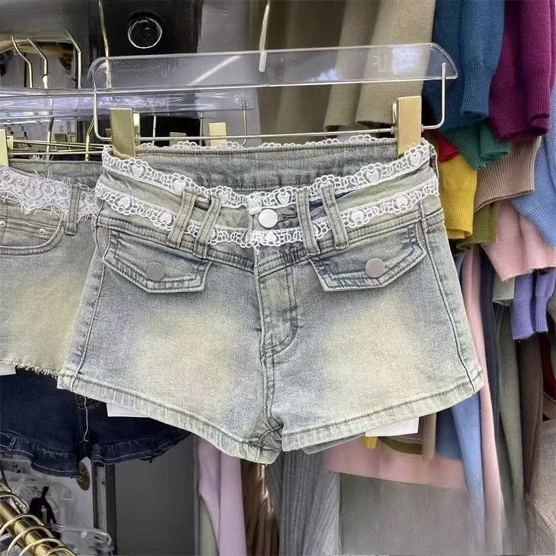 

2026 New Sweet Lace Splicing Denim Shorts Women's Summer New A-shaped Wide-footed Jeans Chic Casual Hot Pants Harajuku Vintage