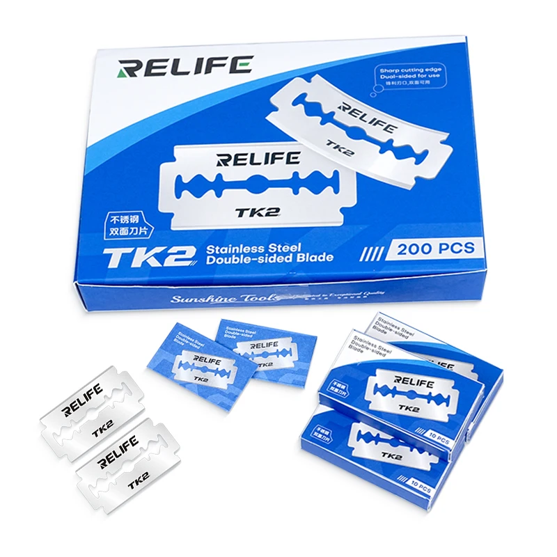 

RELIFE TK2 200pcs/box Stainless Steel Double-Sided Blade High Toughness for Mobile Phone LCD Screen OCA Glue Cleaning Removal